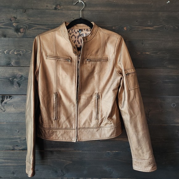 PowWow Leather Jacket Women's 6 Gold Bronze Short Moto Leopard‎ Lining Biker Zip - Picture 14 of 14